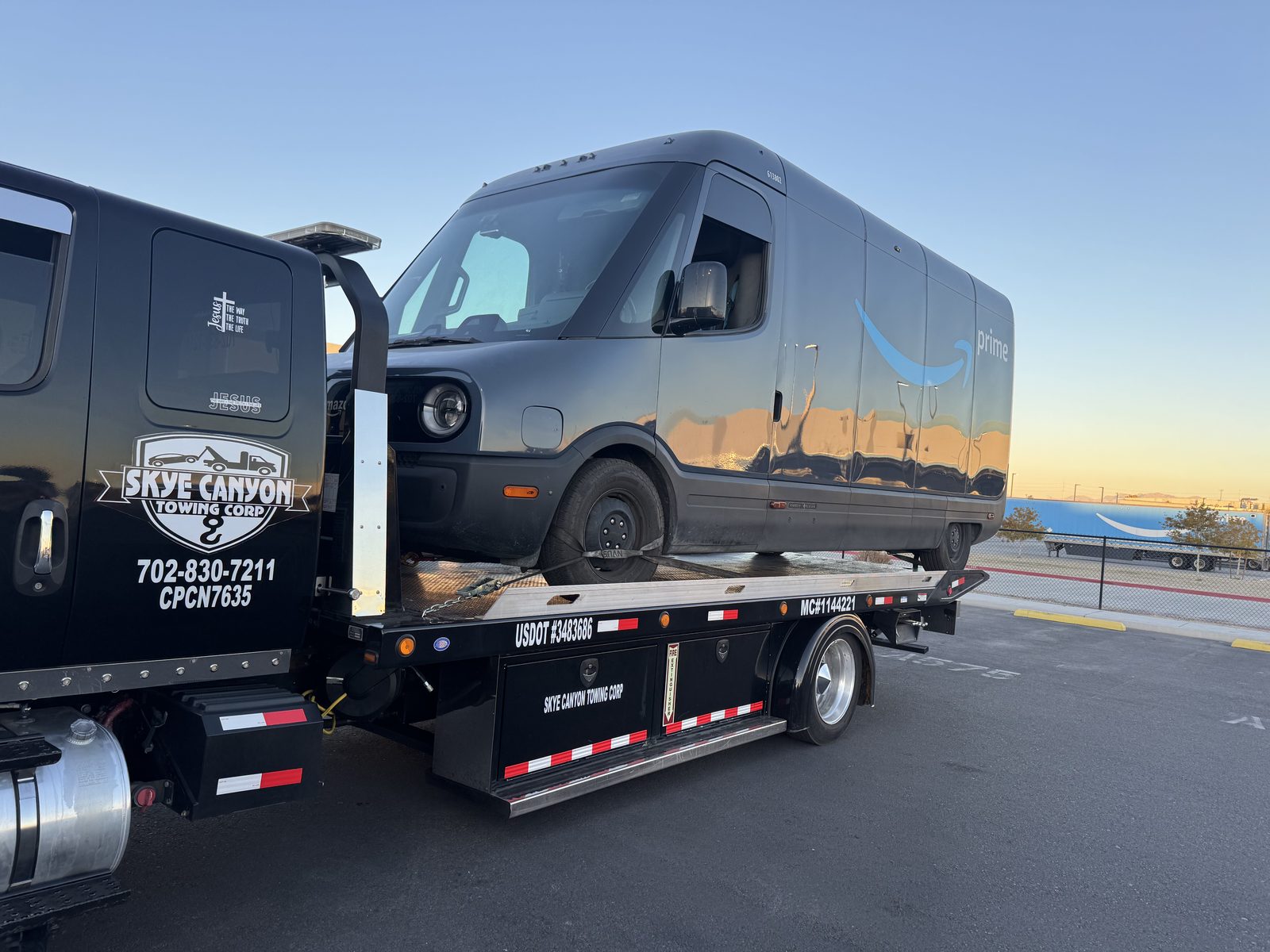 Amazon EV delivery van tow